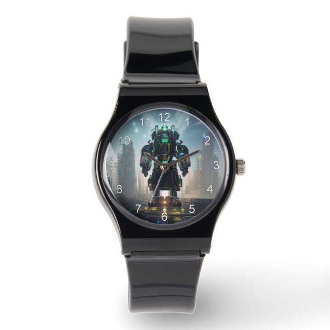 Robot 4 black silicone strap watch w numbers (Front)