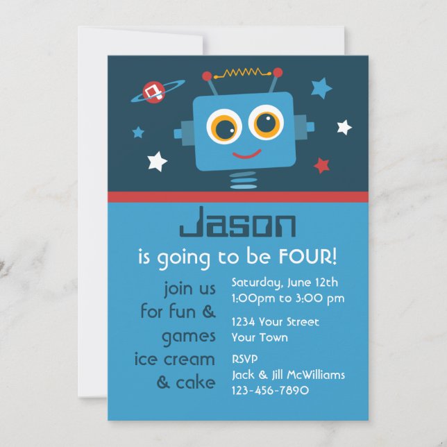 Robot 4th Birthday Custom Invitations (Front)