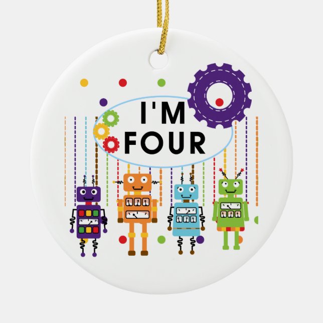 Robot 4th Birthday Tshirts and Gifts Ceramic Tree Decoration (Front)