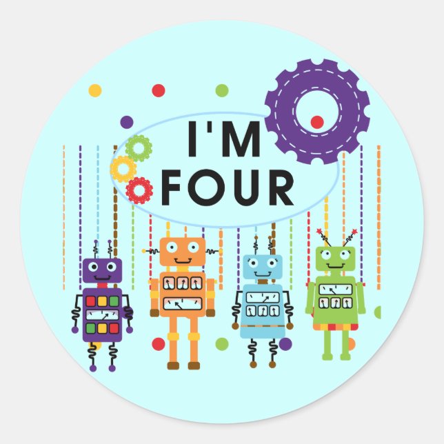 Robot 4th Birthday Tshirts and Gifts Classic Round Sticker (Front)