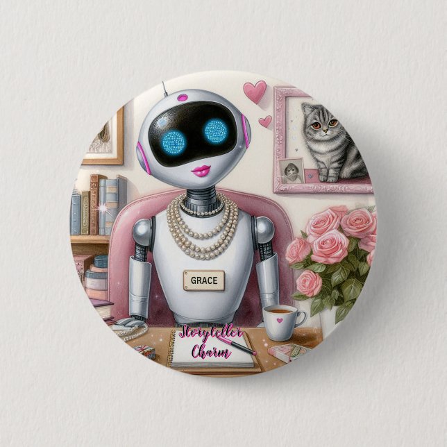 Robot AI Stoyteller Charm Loves Pink Lipstick  6 Cm Round Badge (Front)