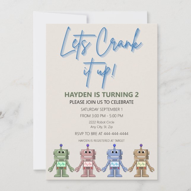 Robot and Gears Birthday Invitation (Front)
