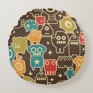 Robot and monsters modern seamless pattern in retr round cushion