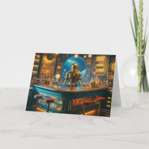 Robot Bartender in Interstellar Space Age Dive Bar Card