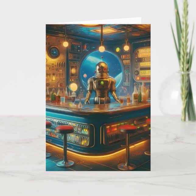 Robot Bartender in Interstellar Space Age Dive Bar Card (Front)