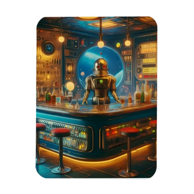Robot Bartender in Interstellar Space Age Dive Bar Magnet (Vertical)