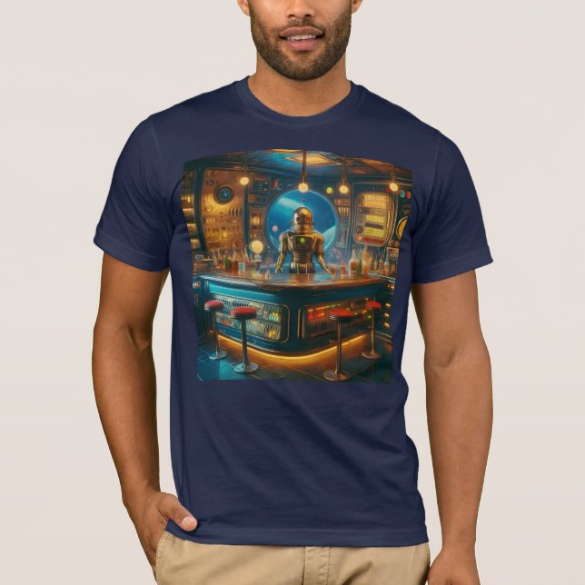 Robot Bartender in Interstellar Space Age Dive Bar T-Shirt (Front)