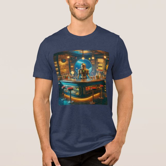 Robot Bartender in Interstellar Space Age Dive Bar Tri-Blend Shirt (Front)