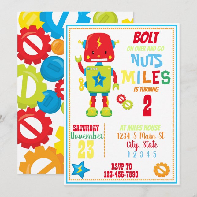 Robot Birthday Invitation (Front/Back)