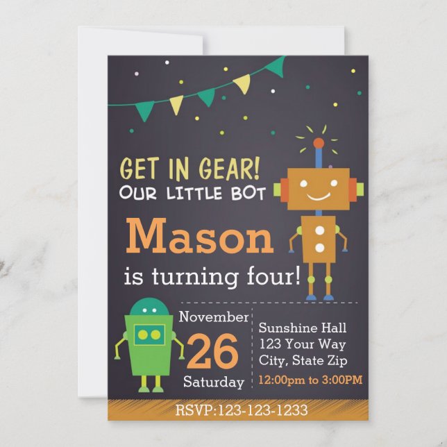 Robot Birthday Invitation (boy) (Front)