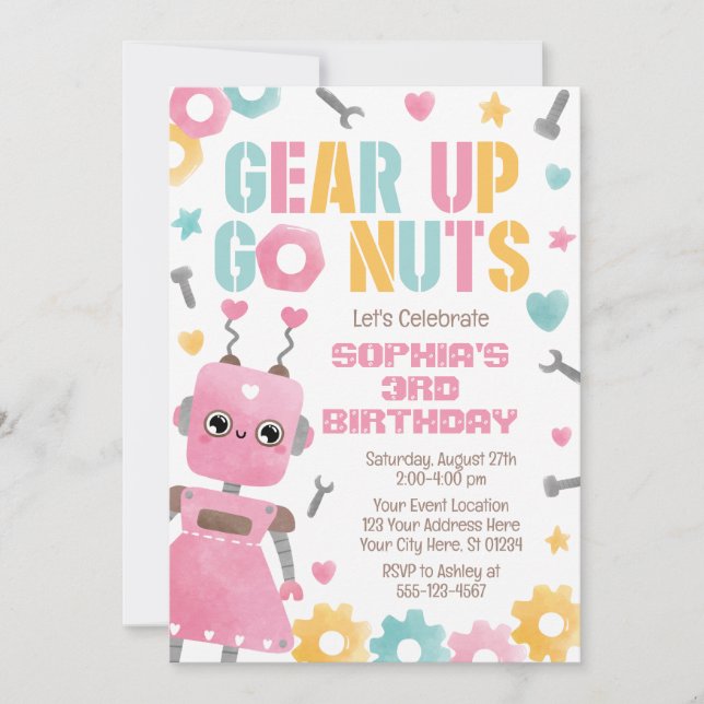 Robot Birthday Invitation, Girl Robot Invitation (Front)