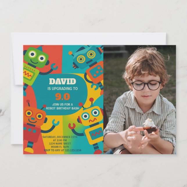 Robot Birthday Invitation with photo (Front)