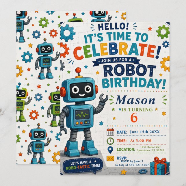 Robot Birthday Party Invitation (Front/Back)