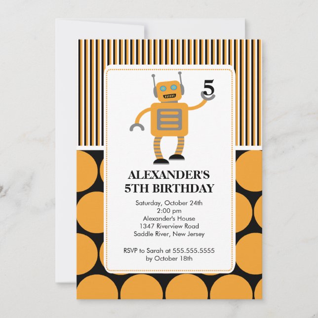 Robot Birthday Party Invitation Orange / Black (Front)