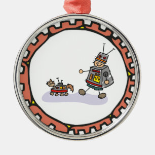 Robot Boy with Robot Cat Artwork Metal Tree Decoration
