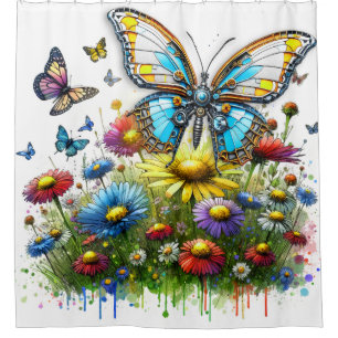Robot Butterfly and Wildflowers Shower Curtain