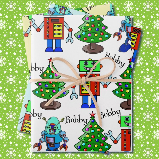 Robot Christmas Add Boy's Name 3 Cute Wrapping Paper Sheet (Creator Uploaded)