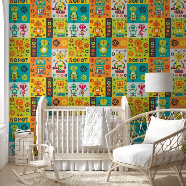 Robot Colourful Fun Orange Green Yellow Pattern Wallpaper (Kids)