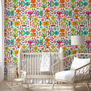 Robot Colourful Fun Pink Green Orange Pattern Wallpaper