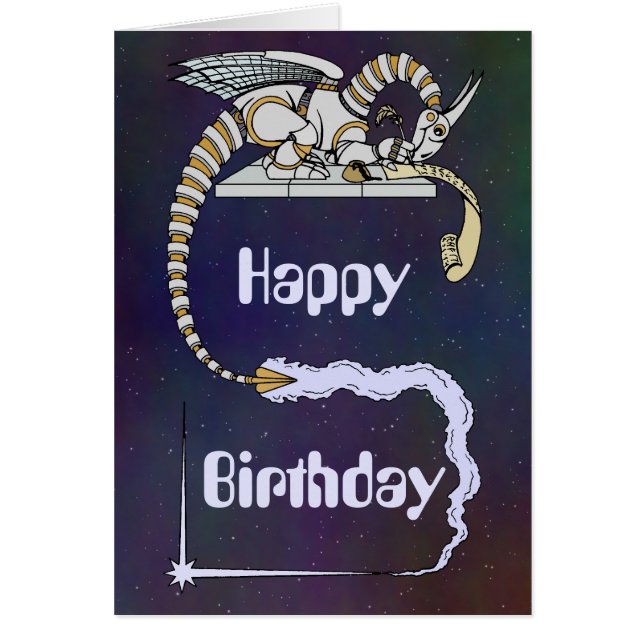 Robot Dragon Writing in Scroll Birthday Card (Front)