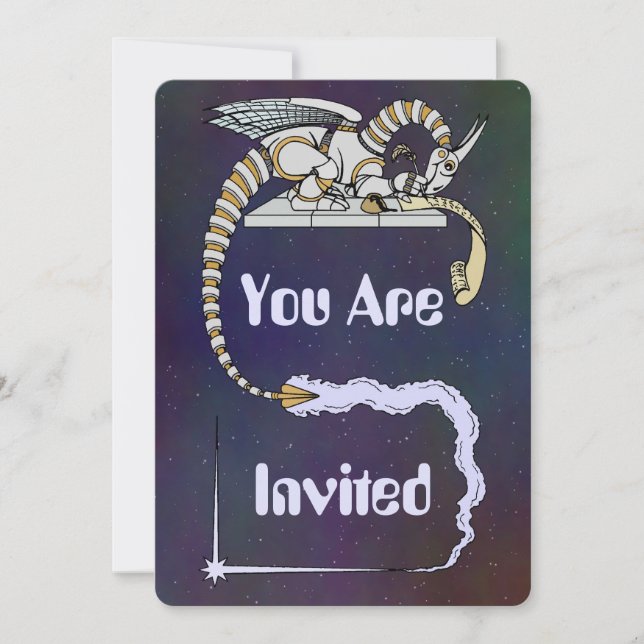 Robot Dragon Writing in Scroll Invitation (Front)