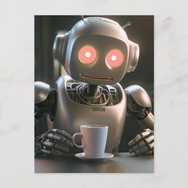 robot drinking coffee holiday postcard (Front)