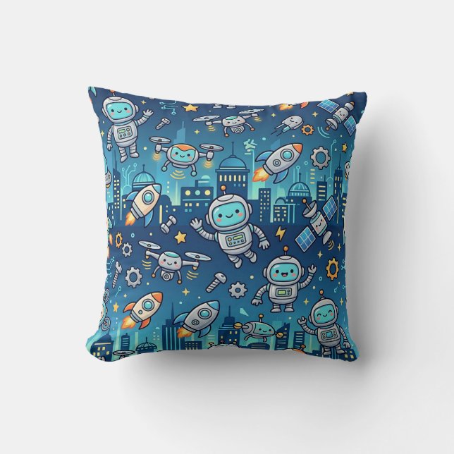 Robot Future City Pattern Throw Pillow (Front)
