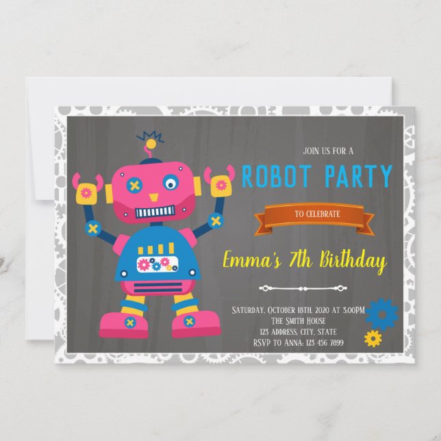 Robot girl birthday invitation (Front)