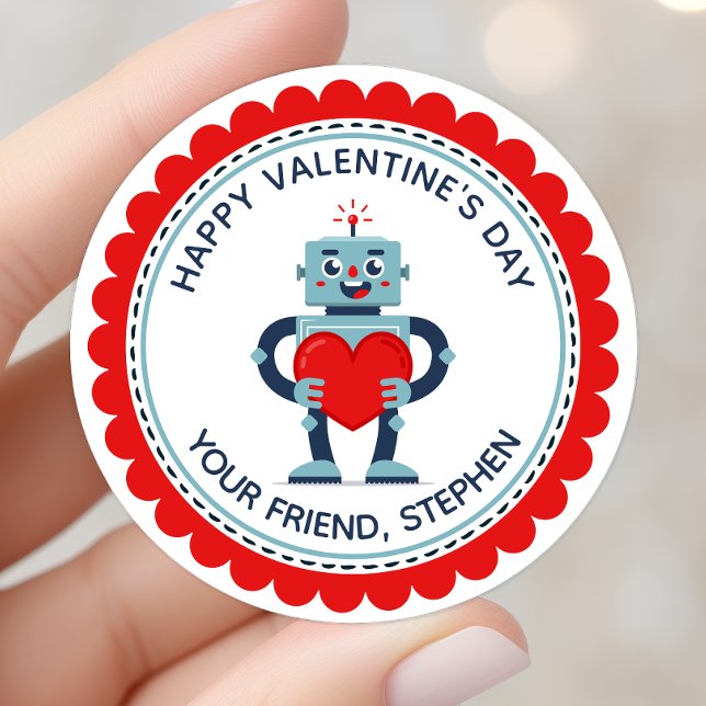 Robot Heart Cute Personalised Valentine Classic Round Sticker (Creator Uploaded)
