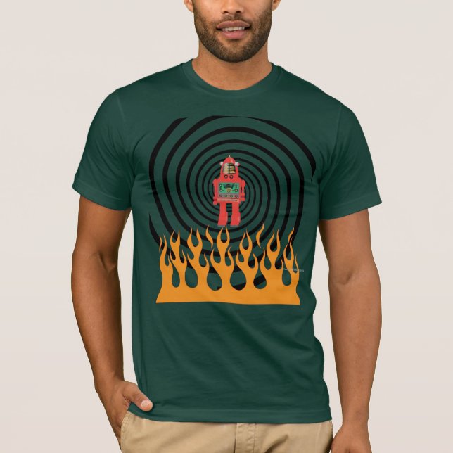 robot in flaming spiral, men's shirt (Front)
