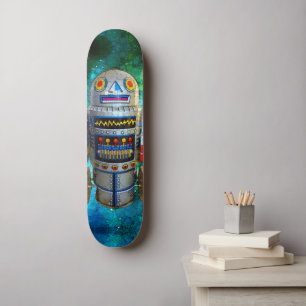 Robot in Vintage Retro Blue Green Galaxy Cool Cute Skateboard