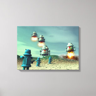 Robot Invasion From Above V2 Stretched Canvas Prin