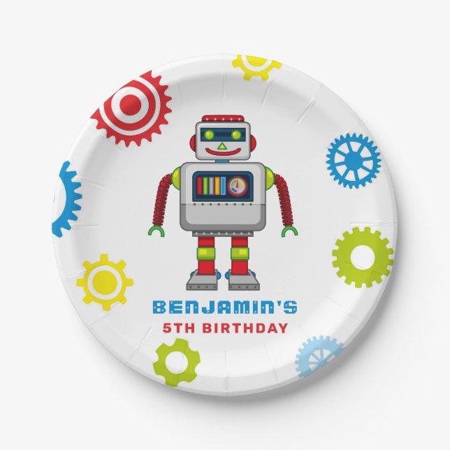 Robot Kids Birthday Paper Plate (Front)