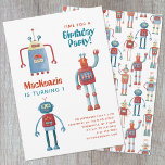 Robot Kids First Birthday Party Invitation<br><div class="desc">Time for a party!
A fun bunch of adorable little robots,  ready to customise with your child's name,  age and party details.
The back features a cute and whimsical robot pattern.</div>
