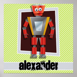 Robot; Lime Green & White Stripes Poster