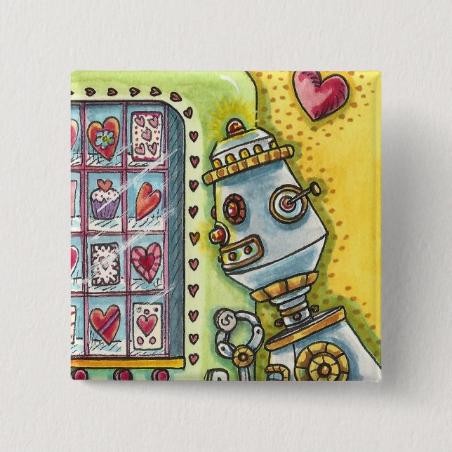 ROBOT LOOKING FOR LOVE, HEART VENDING MACHINE CUTE 15 CM SQUARE BADGE (Front)