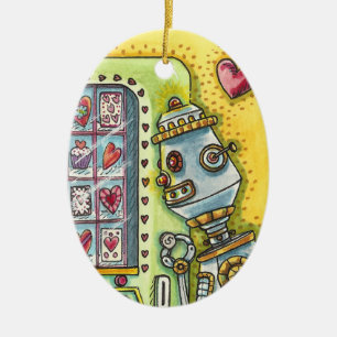 ROBOT LOOKING FOR LOVE, HEART VENDING MACHINE CUTE CERAMIC TREE DECORATION