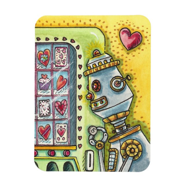 ROBOT LOOKING FOR LOVE, HEART VENDING MACHINE CUTE MAGNET (Vertical)