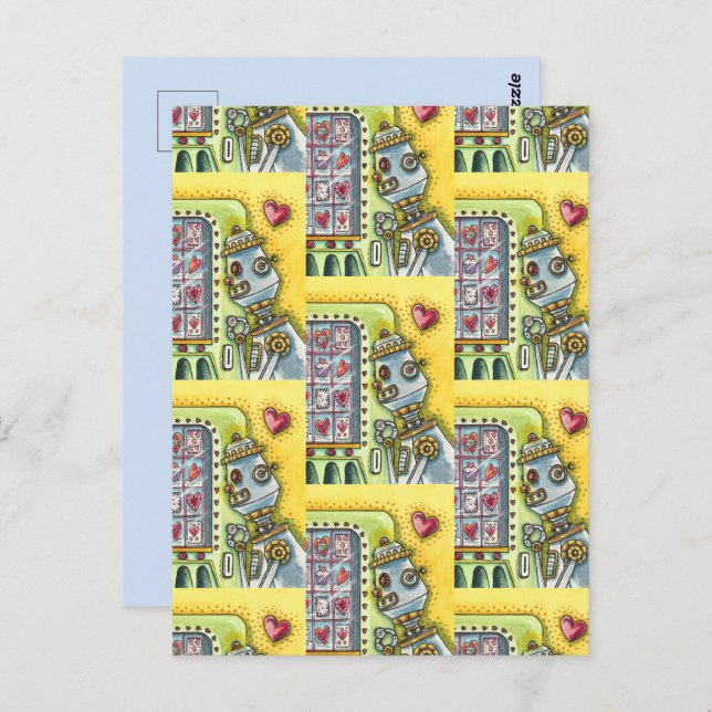 ROBOT LOOKING FOR LOVE, HEART VENDING MACHINE CUTE POSTCARD (Front/Back)