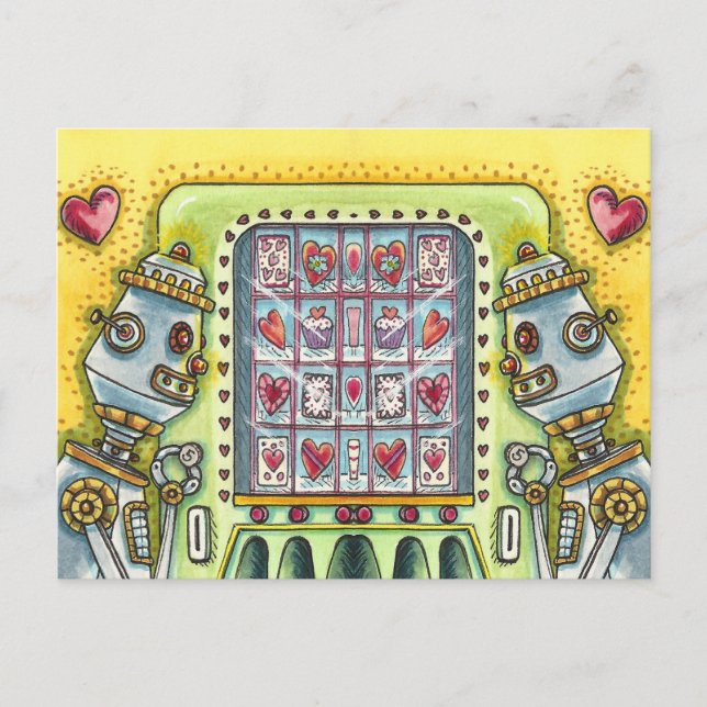 ROBOT LOOKING FOR LOVE, HEART VENDING MACHINE CUTE POSTCARD (Front)