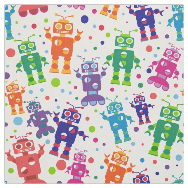 Robot Party Colourful Kids Fun Pattern Fabric (Swatch)
