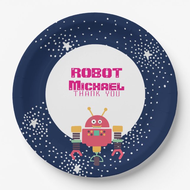 ROBOT Party Supplies Blue Pink Stars Nuts n Bolts Paper Plate (Front)