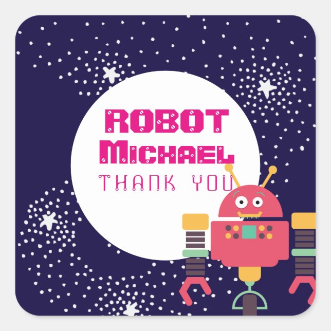 ROBOT Party Supplies Blue Pink Stars Nuts n Bolts Square Sticker (Front)