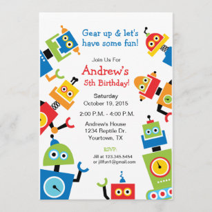 Robot Party Theme Birthday Invitation