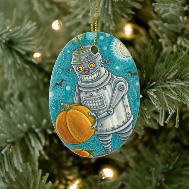 ROBOT PICKING PUMPKINS , HALLOWEEN MECHANICAL MAN CERAMIC TREE DECORATION (Tree)
