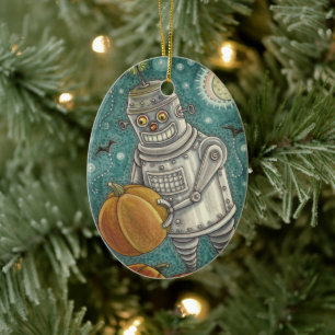 ROBOT PICKING PUMPKINS , HALLOWEEN MECHANICAL MAN CERAMIC TREE DECORATION