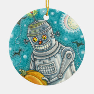ROBOT PICKING PUMPKINS , HALLOWEEN MECHANICAL MAN CERAMIC TREE DECORATION