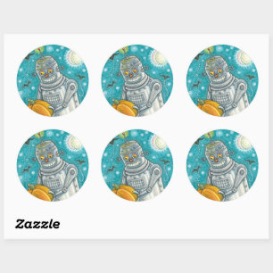 ROBOT PICKING PUMPKINS , HALLOWEEN MECHANICAL MAN CLASSIC ROUND STICKER