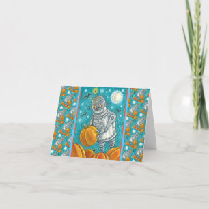 ROBOT PICKING PUMPKINS , HALLOWEEN MECHANICAL MAN HOLIDAY CARD