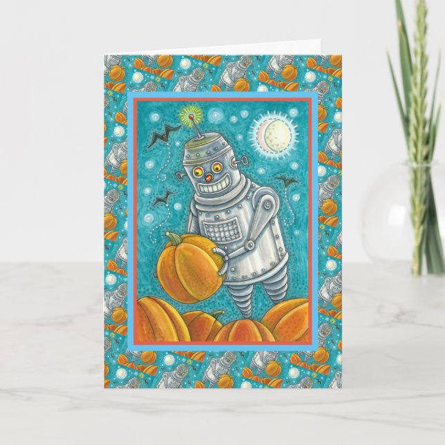 ROBOT PICKING PUMPKINS , HALLOWEEN MECHANICAL MAN HOLIDAY CARD (Front)